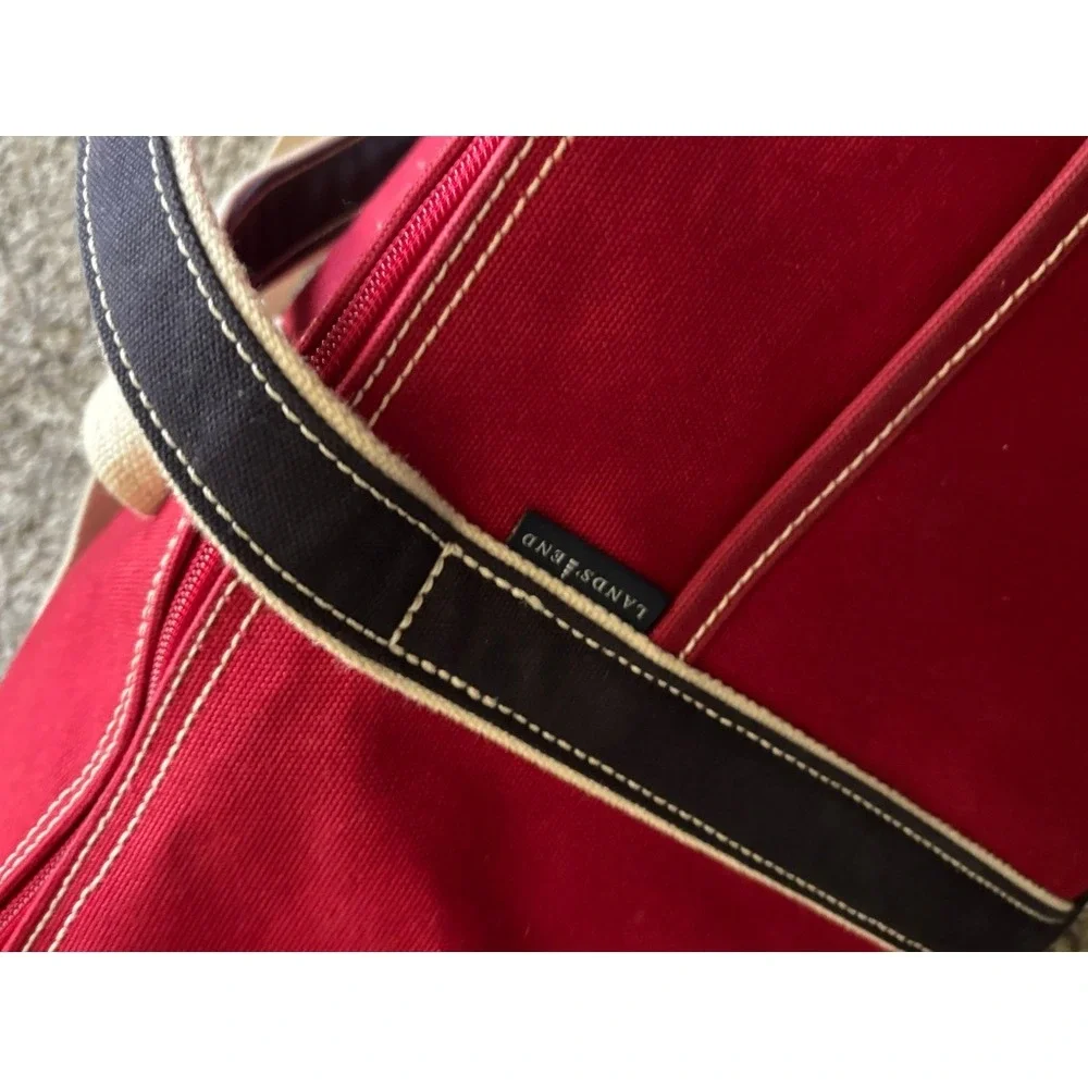 Lands End Duffel Bag Red Good Canvas Nautical Weekend Travel Carry On